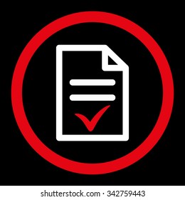 Valid Document vector icon. Style is bicolor flat rounded symbol, red and white colors, rounded angles, black background.