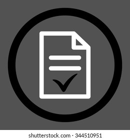 Valid Document vector icon. Style is bicolor flat rounded symbol, black and white colors, rounded angles, gray background.
