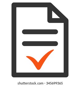 Valid Document vector icon. Style is bicolor flat symbol, orange and gray colors, rounded angles, white background.