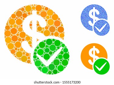 Valid dollar coin mosaic of circle elements in various sizes and color hues, based on valid dollar coin icon. Vector circle elements are grouped into blue mosaic.