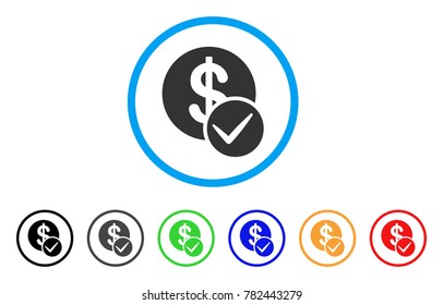 Valid Dollar Coin rounded icon. Style is a flat grey symbol inside light blue circle with bonus colored versions. Valid Dollar Coin vector designed for web and software interfaces.