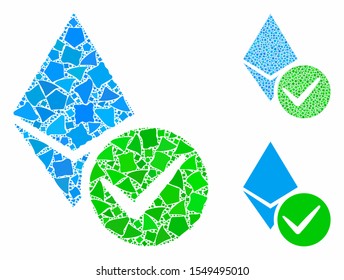 Valid Ethereum crystal mosaic of rough parts in various sizes and shades, based on valid Ethereum crystal icon. Vector trembly parts are organized into mosaic.