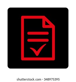 Valid File vector icon. Style is flat rounded square button, intensive red and black colors, white background.