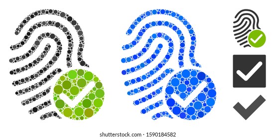 Valid fingerprint mosaic of circle elements in various sizes and color tones, based on valid fingerprint icon. Vector circle elements are united into blue collage.