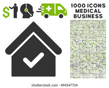 Valid House icon with 1000 medical commerce eco green and gray vector pictographs. Clipart style is flat bicolor symbols, white background.