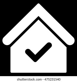 Valid House icon. Vector style is flat iconic symbol, white color, black background.