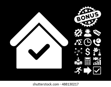 Valid House pictograph with bonus clip art. Vector illustration style is flat iconic symbols, white color, black background.