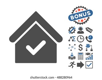 Valid House pictograph with bonus clip art. Vector illustration style is flat iconic bicolor symbols, cobalt and gray colors, white background.