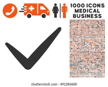 Valid icon with 1000 medical business orange and gray vector pictographs. Design style is flat bicolor symbols, white background.