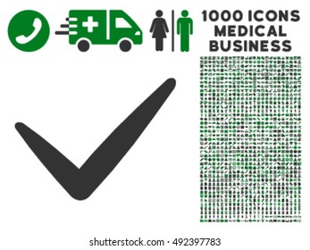Valid icon with 1000 medical business green and gray vector pictograms. Design style is flat bicolor symbols, white background.