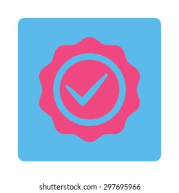 Valid icon from Award Buttons OverColor Set. Icon style is pink and blue colors, flat rounded square button, white background.