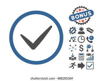 Valid icon with bonus icon set. Vector illustration style is flat iconic bicolor symbols, cobalt and gray colors, white background.