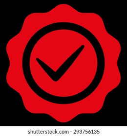 Valid icon from Competition & Success Bicolor Icon Set. Vector style: flat symbols, red color, rounded angles, black background.