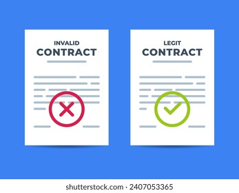 A valid and invalid contract letter on the blue background. Vector Illustration.