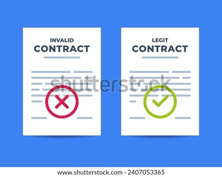 A valid and invalid contract letter on the blue background. Vector Illustration.