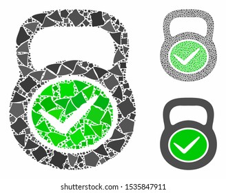 Valid iron weight composition of tuberous elements in various sizes and color tinges, based on valid iron weight icon. Vector joggly elements are combined into mosaic.
