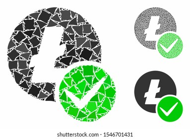 Valid Litecoin mosaic of inequal elements in various sizes and shades, based on valid Litecoin icon. Vector rugged elements are composed into mosaic. Valid Litecoin icons collage with dotted pattern.