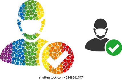 Valid masked man collage icon of filled circles in different sizes and spectrum multicolored color hues. A dotted LGBT-colored valid masked man for lesbians, gays, bisexuals, and transgenders.