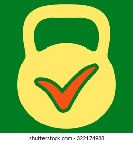 Valid Mass vector icon. Style is bicolor flat symbol, orange and yellow colors, rounded angles, green background.