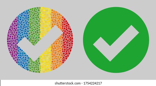 Valid mosaic icon of filled circles in variable sizes and rainbow color hues. A dotted LGBT-colored Valid for lesbians, gays, bisexuals, and transgenders. Vector icon in LGBT flag colors.