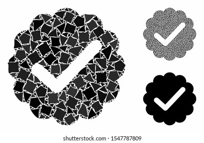 Valid mosaic of rugged items in various sizes and color tints, based on valid icon. Vector trembly items are grouped into mosaic. Valid icons collage with dotted pattern.