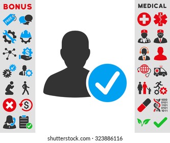 Valid Patient vector icon. Style is bicolor flat symbol, blue and gray colors, rounded angles, white background.