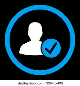 Valid Patient vector icon. Style is bicolor flat rounded symbol, blue and white colors, rounded angles, black background.