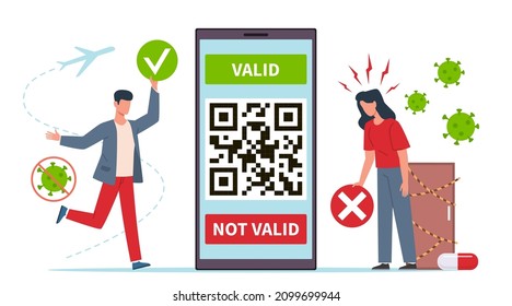 Valid quick response code. Vaccinated people and huge smartphone with qr on screen, valid and invalid green certificate, health passport, new features and limitations, vector concept