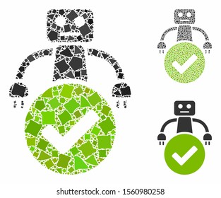 Valid robot mosaic of abrupt elements in various sizes and color tones, based on valid robot icon. Vector abrupt pieces are grouped into collage. Valid robot icons collage with dotted pattern.