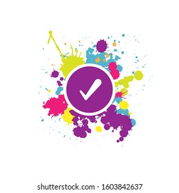 Valid Seal or check mark icon. Purple circle with white tick and bright paint drops or splashes. Flat OK sticker icon. Isolated on white. Accept button.Vector illustration