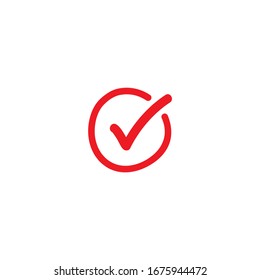 Valid Seal hand drawn icon. Red calligraphic tick in red circle. Flat OK sticker icon. Isolated on white. Accept button. Good for web and software interfaces. Vector illustration. Check Mark. 