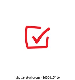 Valid Seal hand drawn icon. Red calligraphic tick in red square. Flat OK sticker icon. Isolated on white. Accept button. Good for web and software interfaces. Vector illustration. Check Mark. 