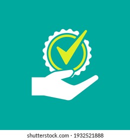 Valid Seal in hand icon. White circle with ribbon outline and tick. Flat OK sticker icon. Isolated on blue. Accept button.Quality symbol. Vector illustration.