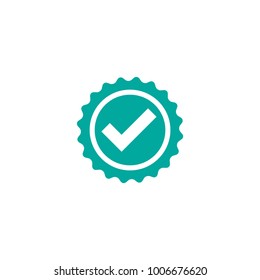 Valid Seal icon. Blue circle with ribbon outline and white tick. Flat OK sticker icon. Isolated on white. Accept button. Good for web and software interfaces. Vector illustration.