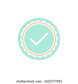 Valid Seal icon. Blue circle with ribbon outline and white tick. Flat OK sticker icon. Isolated on white. Accept button. Good for web and software interfaces. Vector illustration.