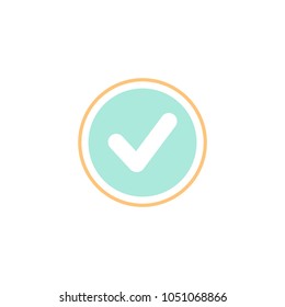 Valid Seal icon. Blue circle with orange outline and white tick. Flat OK sticker icon. Isolated on white. Accept button. Good for web and software interfaces. Vector illustration.