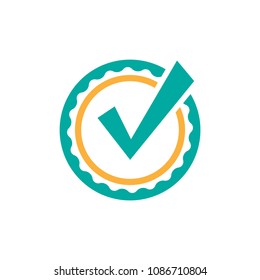 Valid Seal icon. Blue circle with ribbon outline and white crazy tick. Flat OK sticker icon. Isolated on white. Accept button. Good for web and software interfaces. Vector illustration.