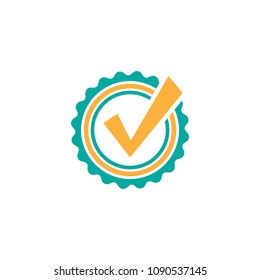 Valid Seal icon. Blue circle with ribbon outline and white crazy tick. Flat OK sticker icon. Isolated on white. Accept button. Good for web and software interfaces. Vector illustration.