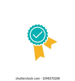 Valid Seal icon. Blue circle with ribbon and white tick. Flat OK sticker icon. Isolated on white. Accept button. Good for web and software interfaces. Vector award illustration.