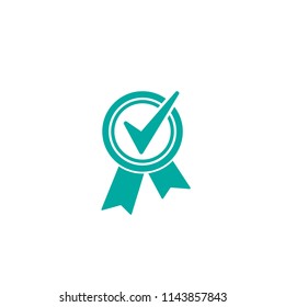 Valid Seal icon. Blue circle with ribbon and blue tick. Flat OK sticker icon. Isolated on white. Accept button. Vector award illustration. Quality check. Certified medal. Approved stamp