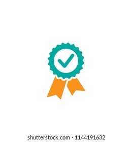 Valid Seal icon. Blue circle with ribbon and blue tick. Flat OK sticker icon. Isolated on white. Accept button. Vector award illustration. Quality check. Certified medal. Approved stamp