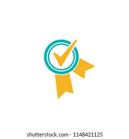 Valid Seal icon. Blue circle with ribbon and gold tick. Flat OK sticker icon. Isolated on white. Accept button. Vector award illustration. Quality Verified. Certified medal. Approved stamp