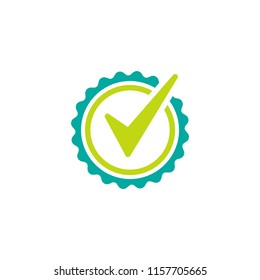 Valid Seal icon. Blue circle with ribbon outline and green tick. Flat OK sticker icon. Isolated on white. Accept button. Good for web and software interfaces. Vector illustration.