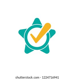 Valid Seal icon. Blue circle with ribbon, stars and gold tick. Flat OK sticker icon. Isolated on white. Accept button. Vector award illustration. Quality Verified. Certified medal. Approved stamp