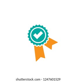 Valid Seal icon. Blue circle with ribbon and white tick. Flat OK sticker icon. Isolated on white. Accept button. Vector award illustration. Quality Verified. Certified medal. Approved stamp