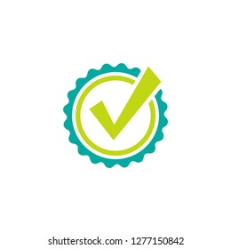Valid Seal icon. Blue circle with ribbon outline and green funny tick. Flat OK sticker icon. Isolated on white. Accept button. Good for web and software interfaces. Vector illustration.