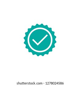Valid Seal icon. Blue circle with ribbon outline and white tick. Flat OK sticker icon. Isolated on white. Accept button. Good for web and software interfaces. Vector illustration.