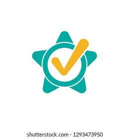 Valid Seal icon. Blue circle with ribbon, stars and gold tick. Flat OK sticker icon. Isolated on white. Accept button. Vector award illustration. Quality Verified. Certified medal. Approved stamp