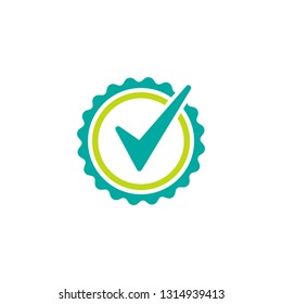 Valid Seal icon. Blue circle with ribbon outline and green tick. Flat OK sticker icon. Isolated on white. Accept button. Good for web and software interfaces. Vector illustration.