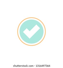Valid Seal icon. Blue circle with orange outline and white tick. Flat OK sticker icon. Isolated on white. Accept button. Good for web and software interfaces. Vector illustration.